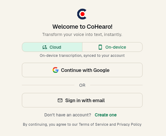 Sign-in screen with the Cloud / On-device segmented mode picker